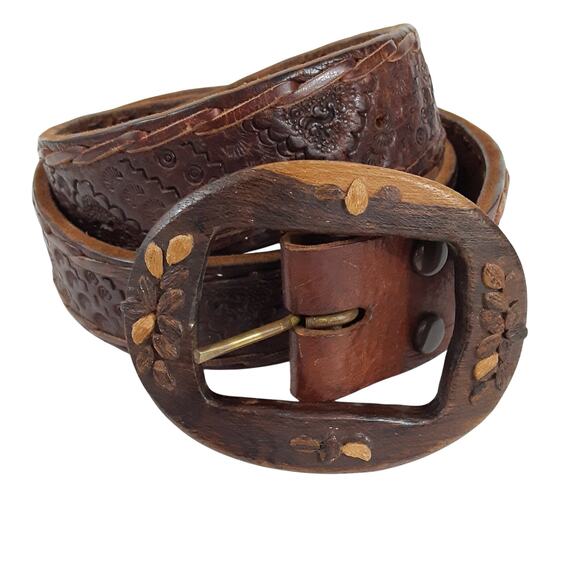 Vintage Hand Tooled Leather Belt Wooden Belt Buckle Bohemian Gypsy Womens M main image 7